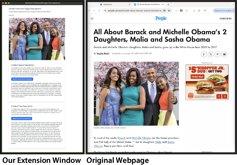 An image of our chrome extension window on the left and the original webpage window with image on right. The extension window shows the user-selected image with short and long context-aware descriptions followed by short and long context-free descriptions. Users can optionally view the longer descriptions by clicking on the button below the shorter descriptions. The image selected is of Obama and his family.